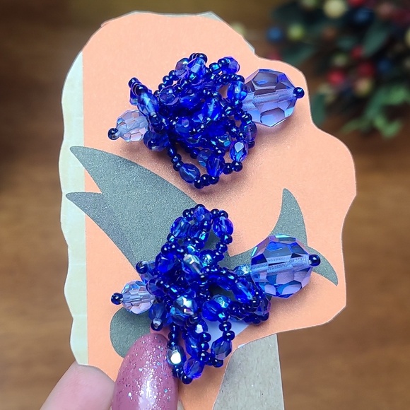 Vintage handmade beaded earrings  blue white black color bundle of 2 - Picture 7 of 11